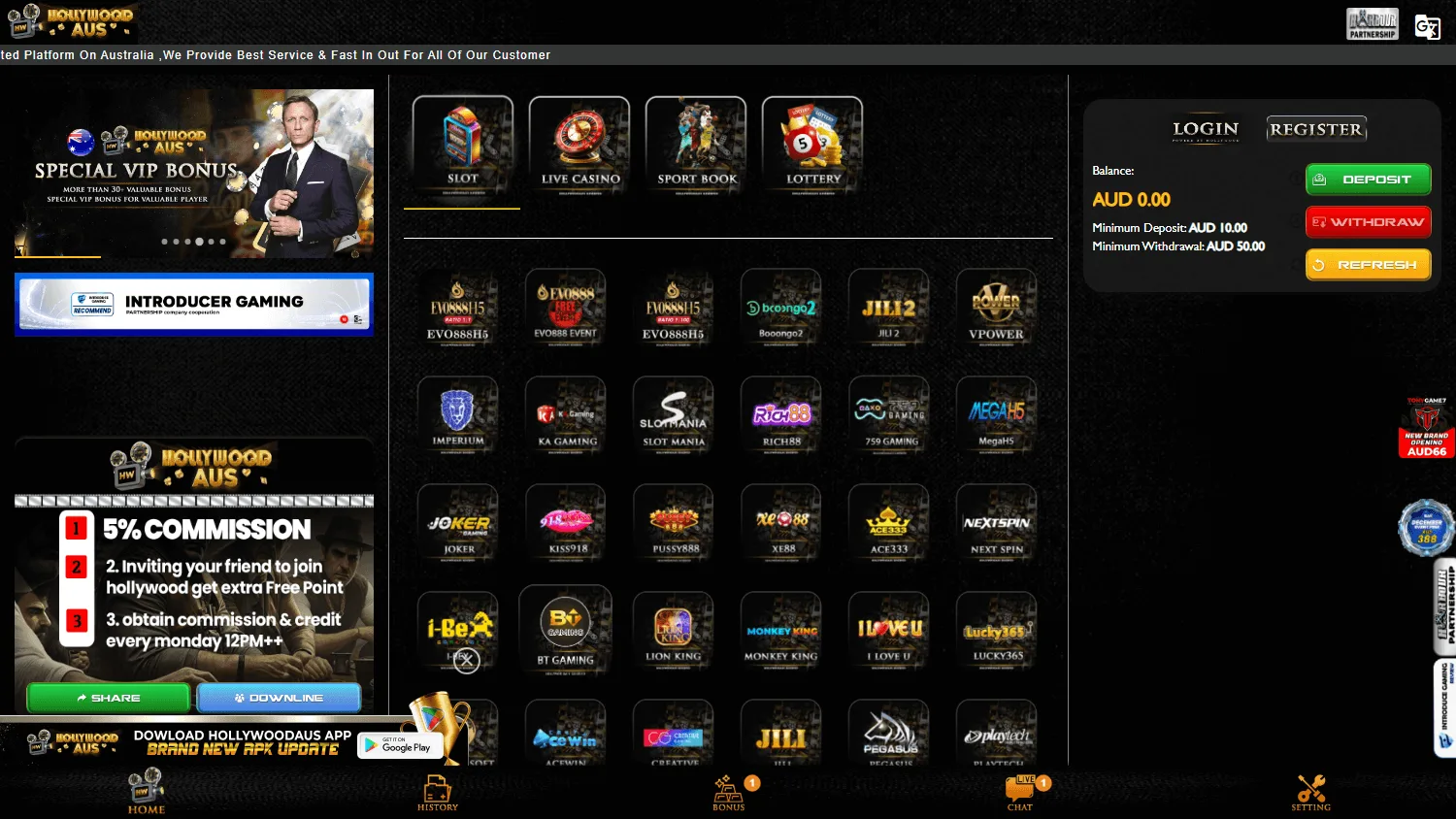 Hollywood Aus Casino home page on desktop