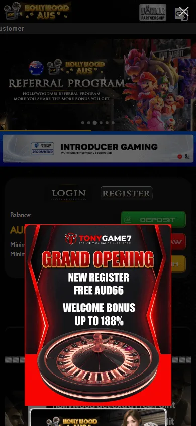 Hollywood Aus Casino home page on a mobile device