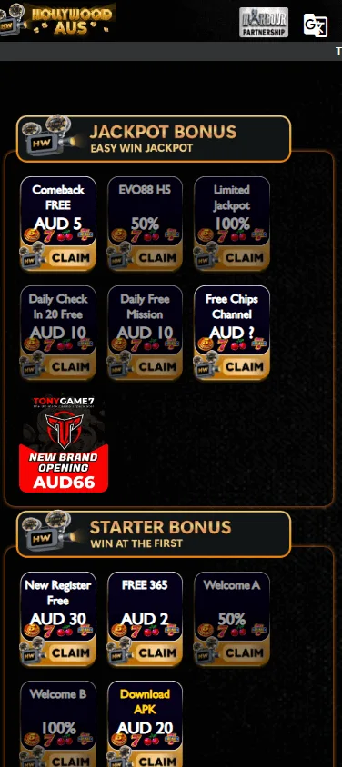 Hollywood Aus Casino promotions page on a mobile device