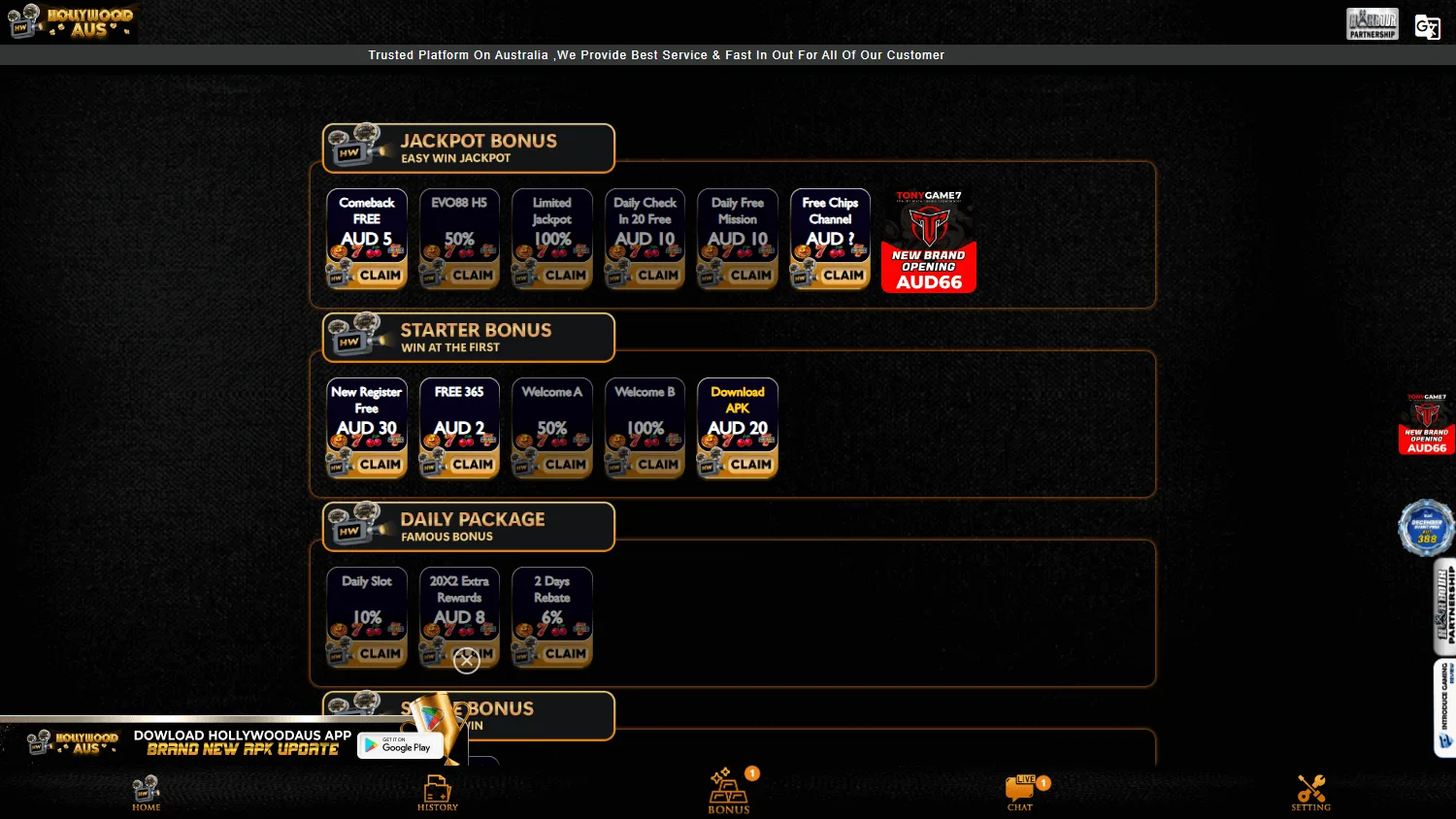 Hollywood Aus Casino promotions page on desktop